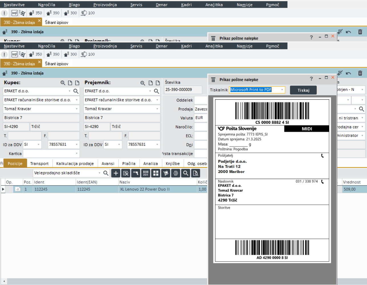 Spremnica Pošta Slovenije na PANTHEON maski