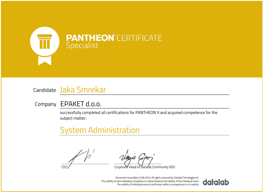 Datalab PANTHEON Certifikat JS