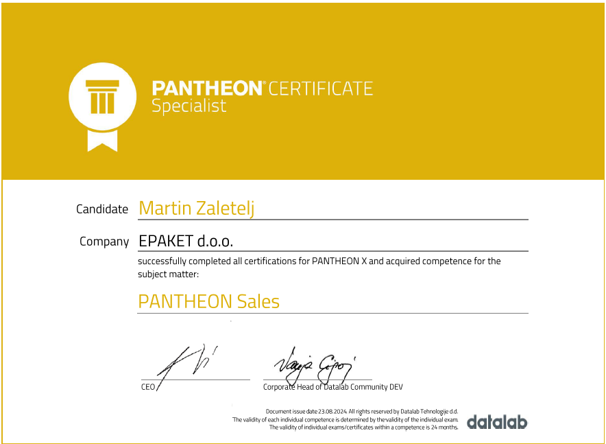 Datalab PANTHEON certifikat MZ
